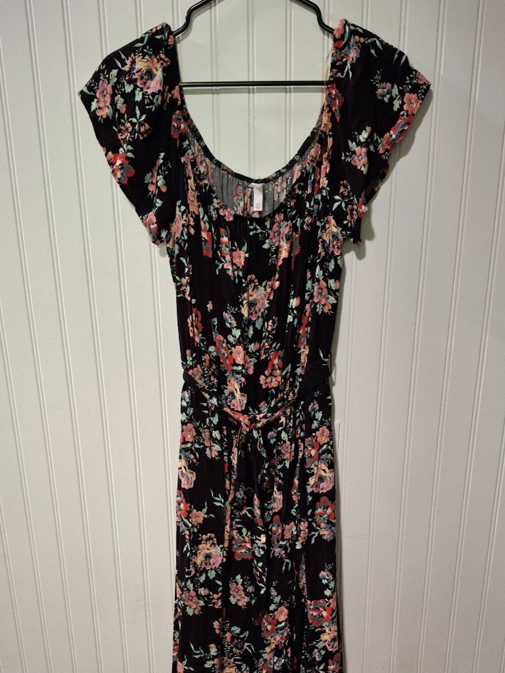 Xhilaration XL Maxi Dress Black Floral Waist Tie Prairie Boho Cottage Garden Tea